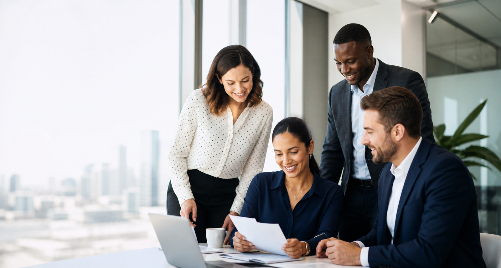 A diverse recruitment team reviewing candidate profiles